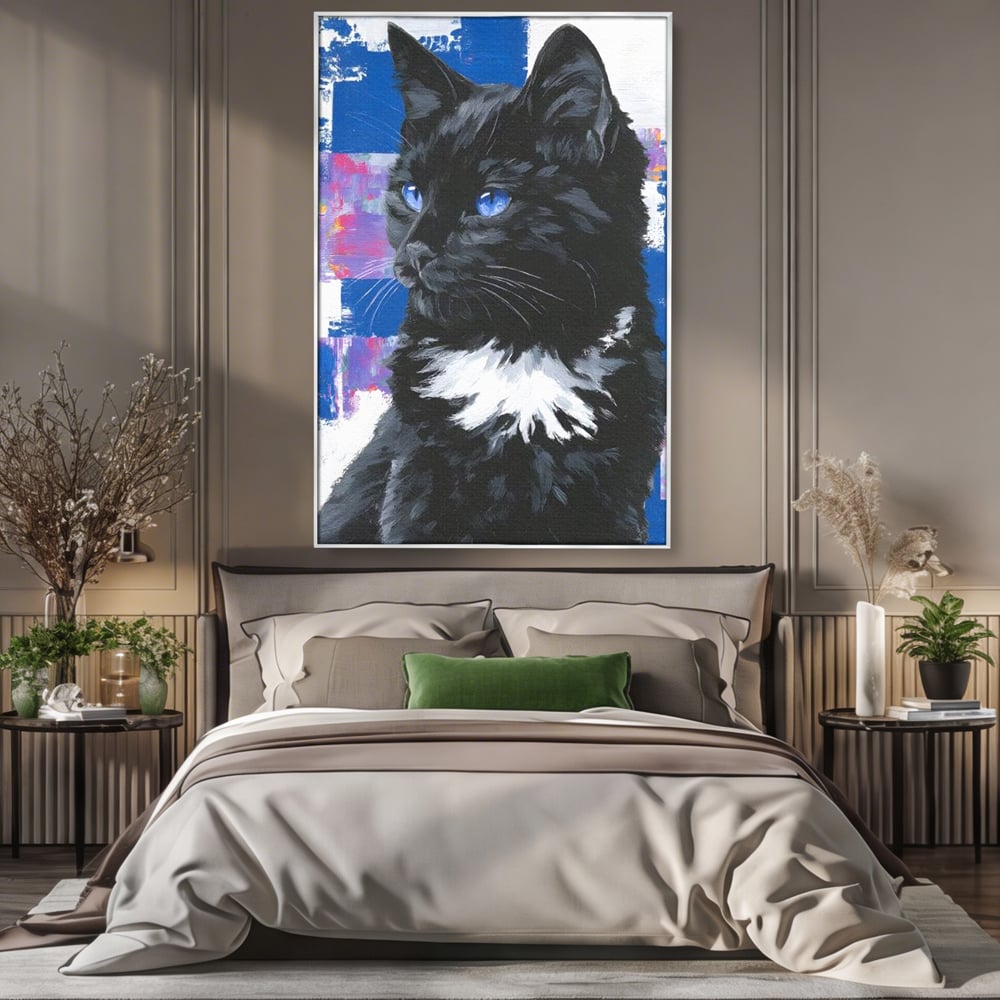 Tablou canvas cu tablou canvas cu pisica neagra, in rama de aluminiu argintiu, pe perete intr-un dormitor